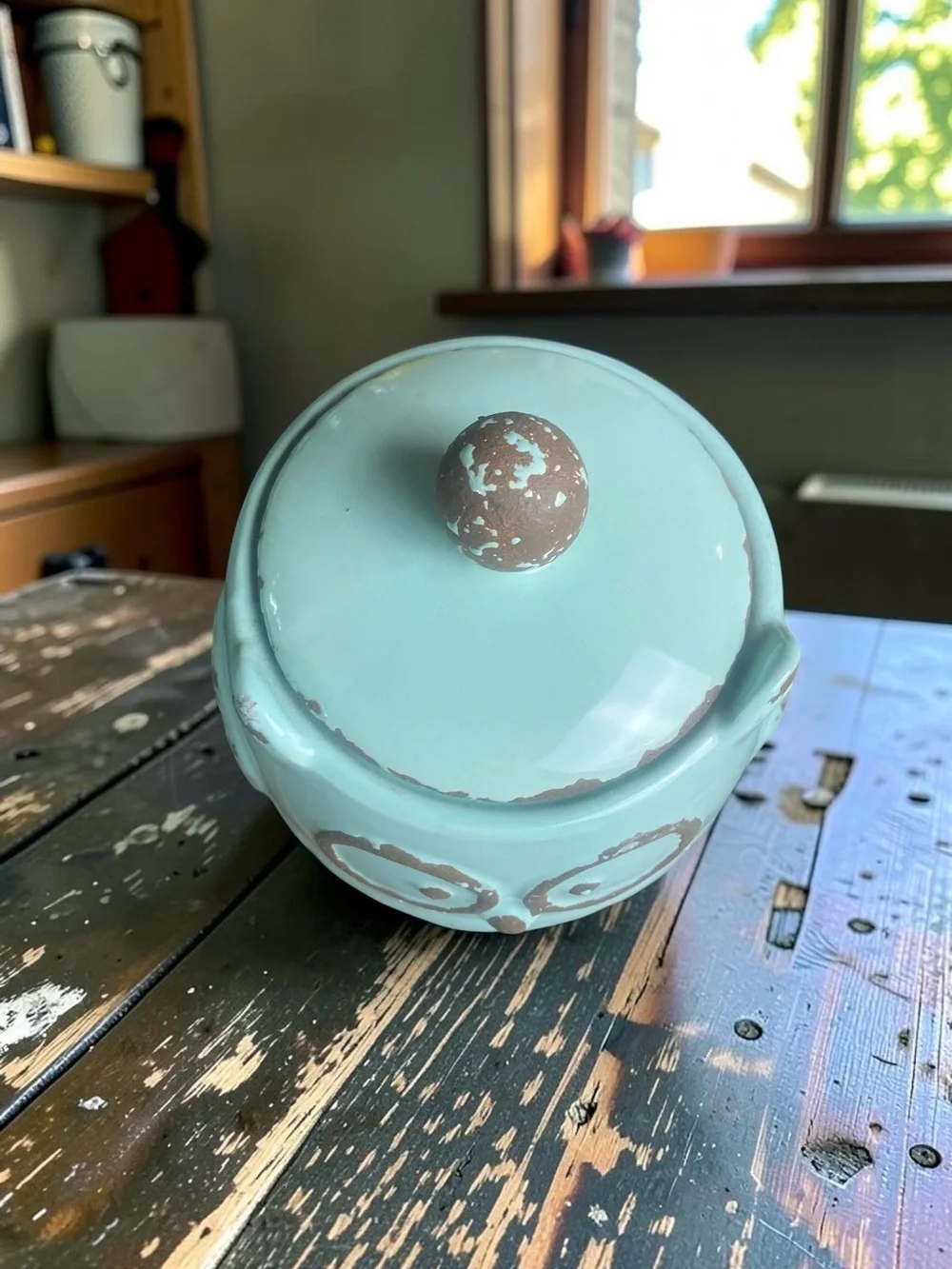 Decorative Owl Ceramic canister - light turquoise with Brown rustic patina EUC